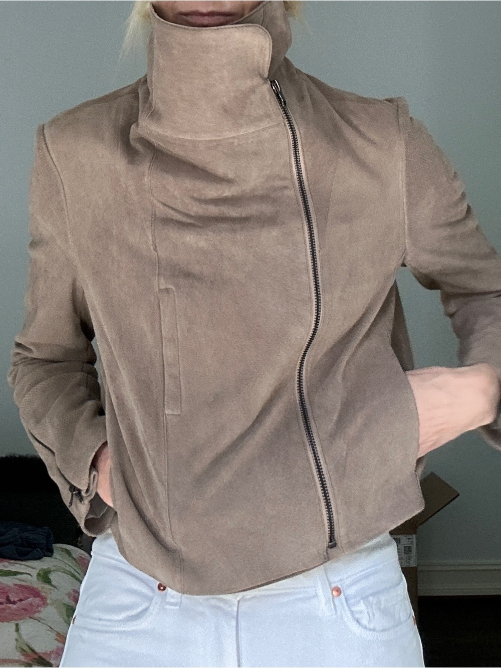 Halston 100% Genuine Suede Funnel neck Moto Jacket XS